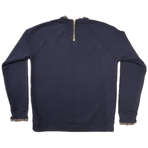 J. Crew Woven Ruffleneck Pullover Sweatshirt Floral Trim Gold Zip Navy Small - Picture 13 of 17